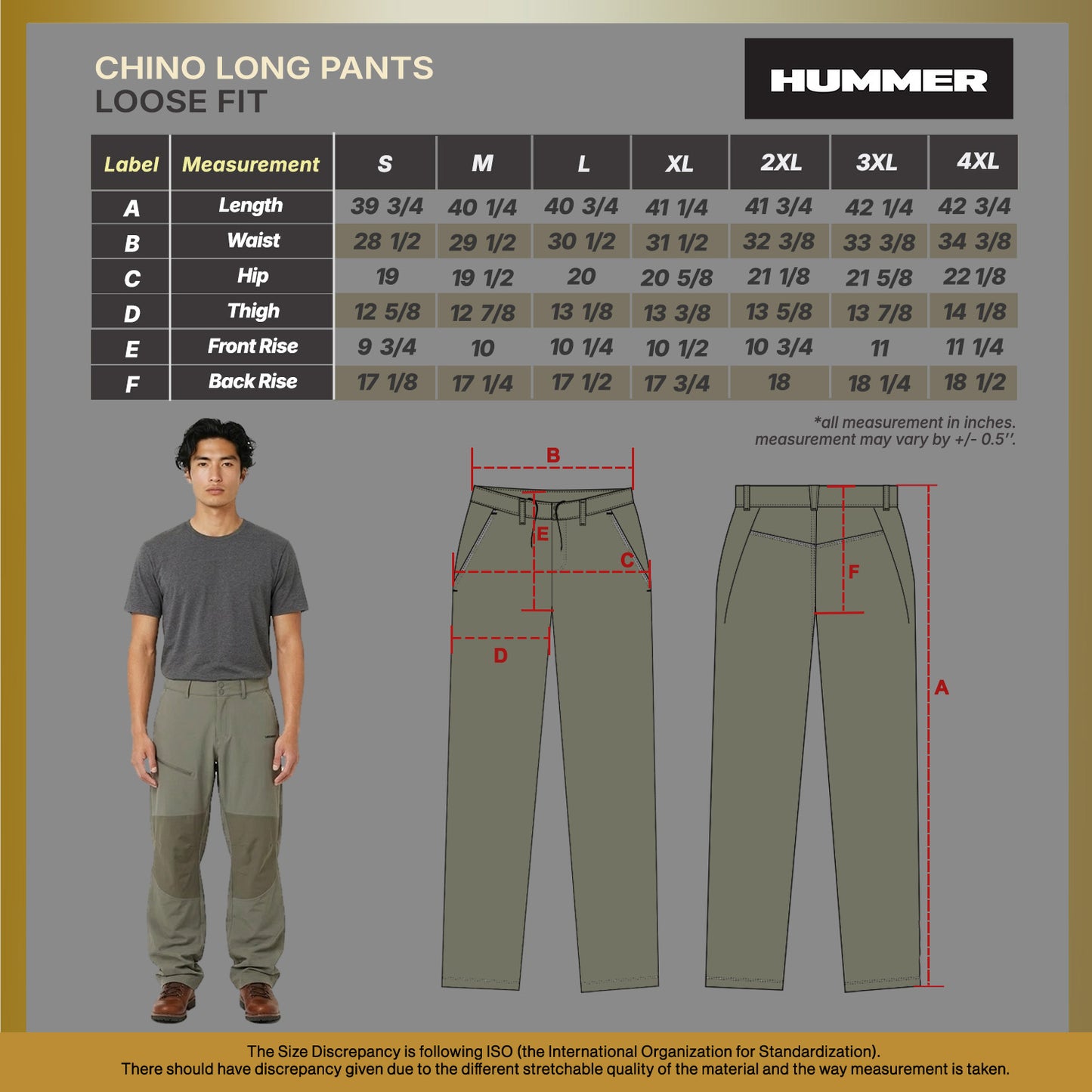 HUMMER MENS LONG PANTS CASUAL OUTDOOR CHINO [LOOSE FIT] H0093