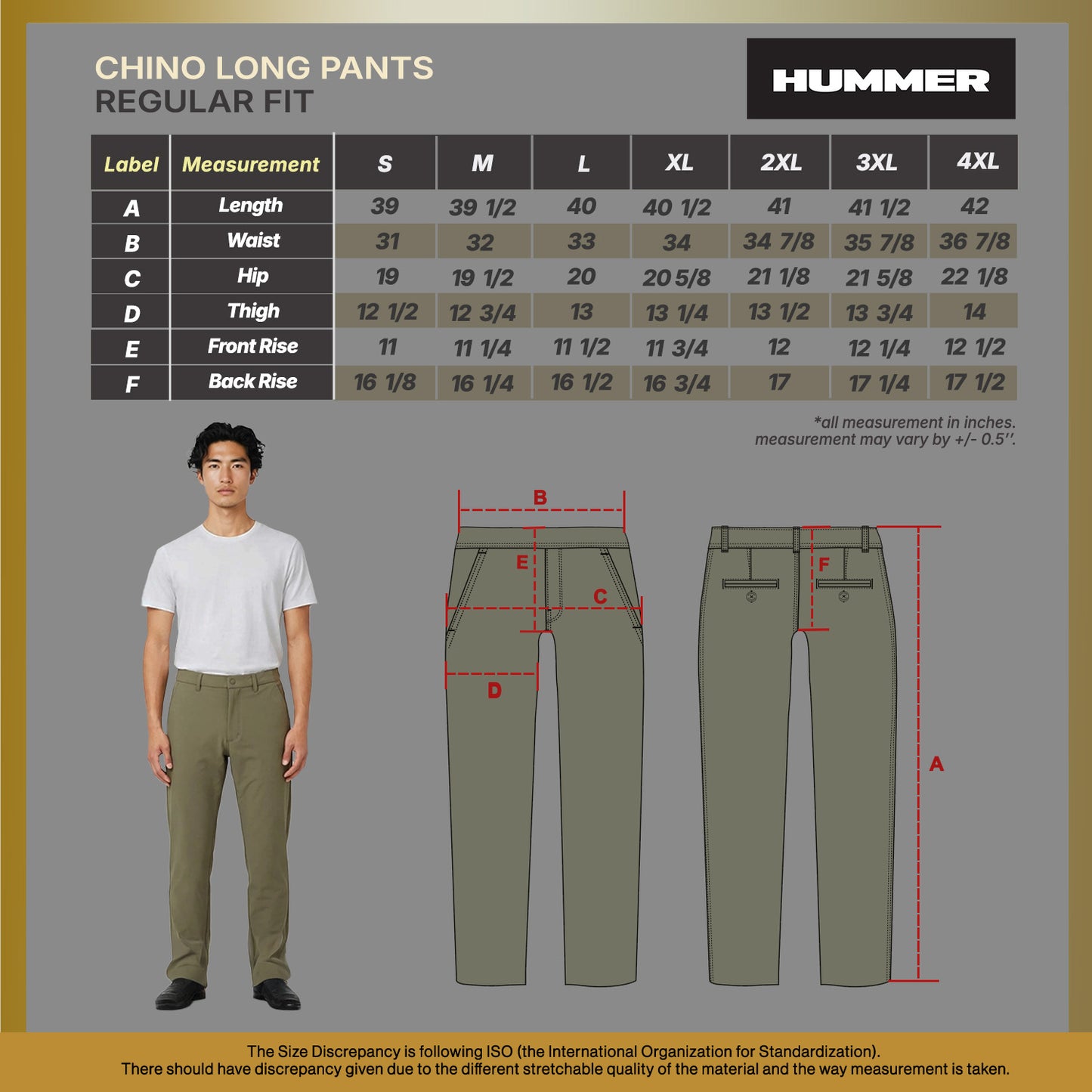 HUMMER MENS LONG PANTS CASUAL OUTDOOR CHINO [REGULAR FIT] H0092